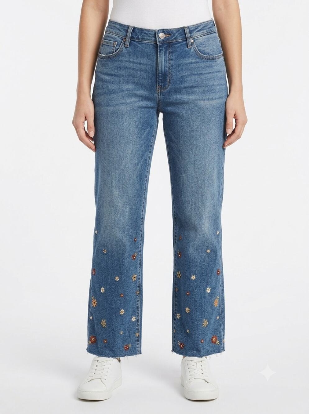 Driftwood Colette Cropped Jeans Womens 16/27 Blue Embroidered Floral Raw Hem